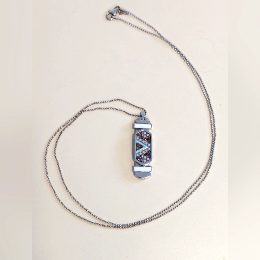 Stunning Stacked Pendant Necklace with Amber Colour Crystals and Enamel